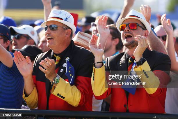 Fans of Team Europe react during the opening ceremony for the 2023 Ryder Cup at Marco Simone Golf Club on September 28, 2023 in Rome, Italy.