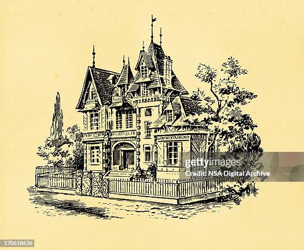 ilustrações, clipart, desenhos animados e ícones de aviso-casa residencial antigo - jardim ornamental