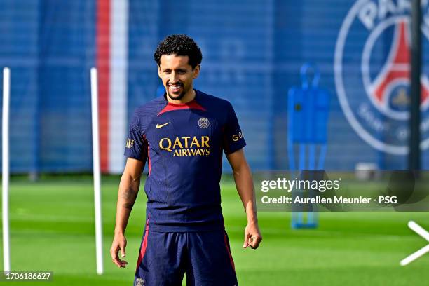 Marquinhos looks on during a Paris Saint-Germain training session at Campus PSG on September 28, 2023 in Paris, France.