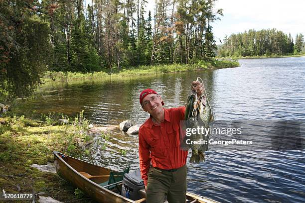 fisherman with stringer of huge crappies - quetico provincial park stock pictures, royalty-free photos & images