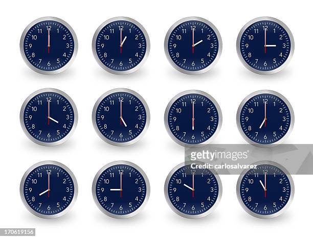 twelve clocks, 12 hours. - number 7 clock stock pictures, royalty-free photos & images