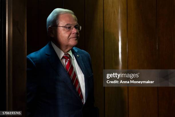 Sen. Bob Menendez stands in an elevator after leaving his office in the Hart Senate Office Building on September 28, 2023 in Washington, DC. Menendez...