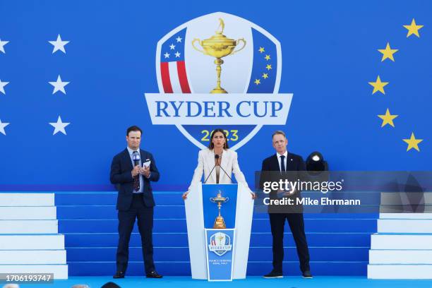 Italian Television Presenter, Melissa Satta speaks alongside Zach Johnson, Captain of Team United States and Luke Donald, Captain of Team Europe...