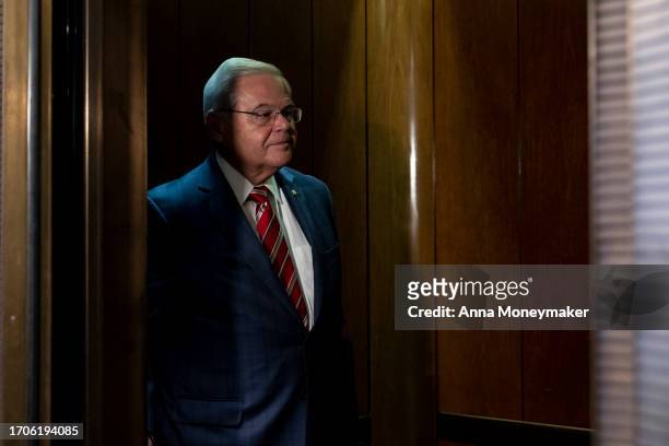 Sen. Bob Menendez stands in an elevator after leaving his office in the Hart Senate Office Building on September 28, 2023 in Washington, DC. Menendez...