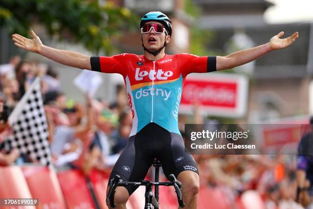 Arnaud De Lie of Belgium and Team Lotto Dstny celebrates at finish line as race winner during the 82nd Circuit Franco-Belge 2023 a 190.6km one day...