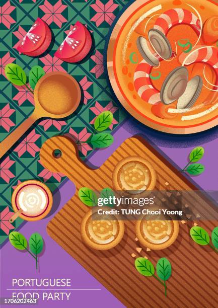 portuguese food and pattern top view in vector file. - breakfast with view stock illustrations