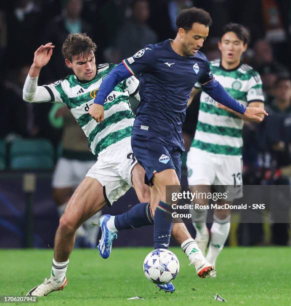 Celtic's Matt O'Riley and Lazio's Filipe Anderson during a UEFA Champions League match between Celtic and Lazio at Celtic Park, on October 04 in...