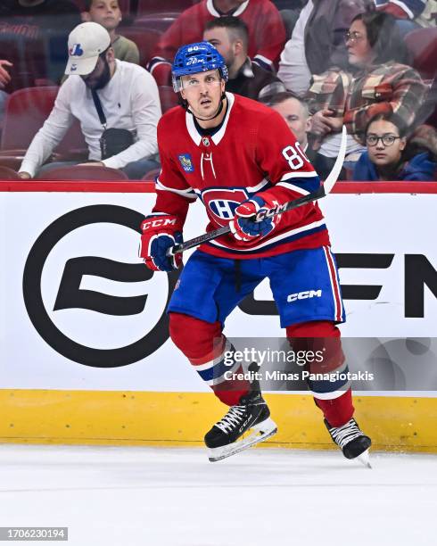 Gabriel Bourque of the Montreal Canadiens skates during the first period against the Ottawa Senators at the Bell Centre on September 27, 2023 in...