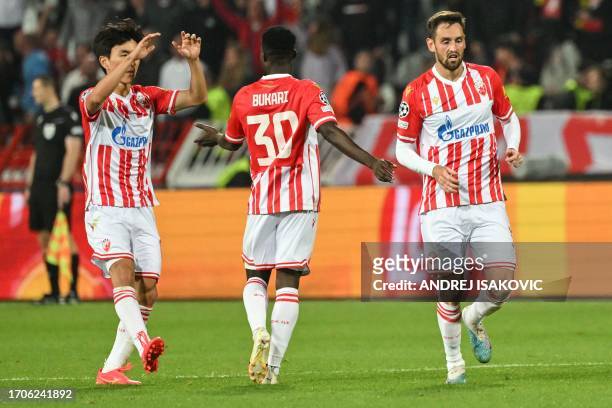 Red Star's Ghanaian forward Osman Bukari celebrates scoring his team's second goal during the UEFA Champions League 1st round day 2 Group G football...