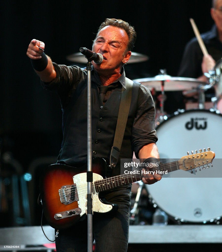 Springsteen Webmley 1981 Bruce Springsteen performs on stage at Wembley Stadium on June 15 ...