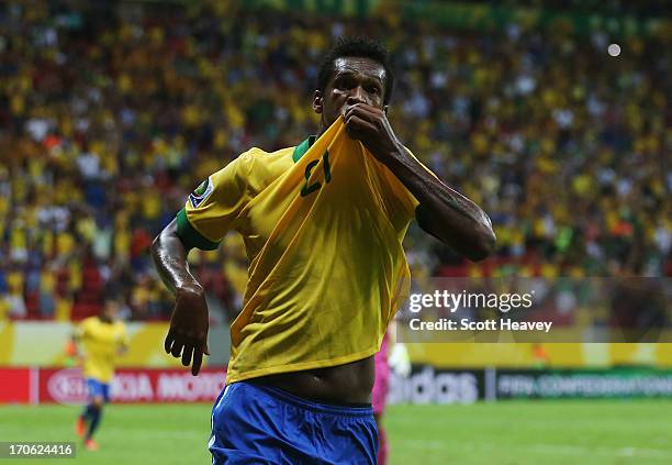 Jo of Brazil celebrates scoring his team's third goal during the FIFA Confederations Cup Brazil 2013 Group A match between Brazil and Japan at...
