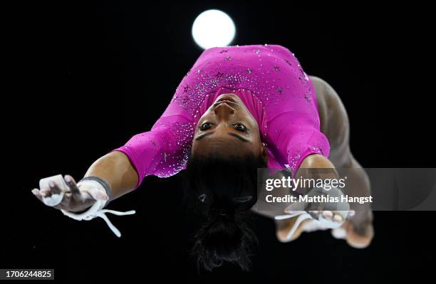 Simone Biles of United States practices on the uneven bars uring the 2023 FIG Artistic Gymnastics World Championships Training Session at the Antwerp...