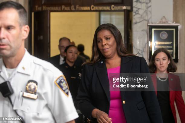Letitia James, New York's attorney general, center, leaves a courtroom at New York State Supreme Court in New York, US, on Wednesday, Oct. 4, 2023....