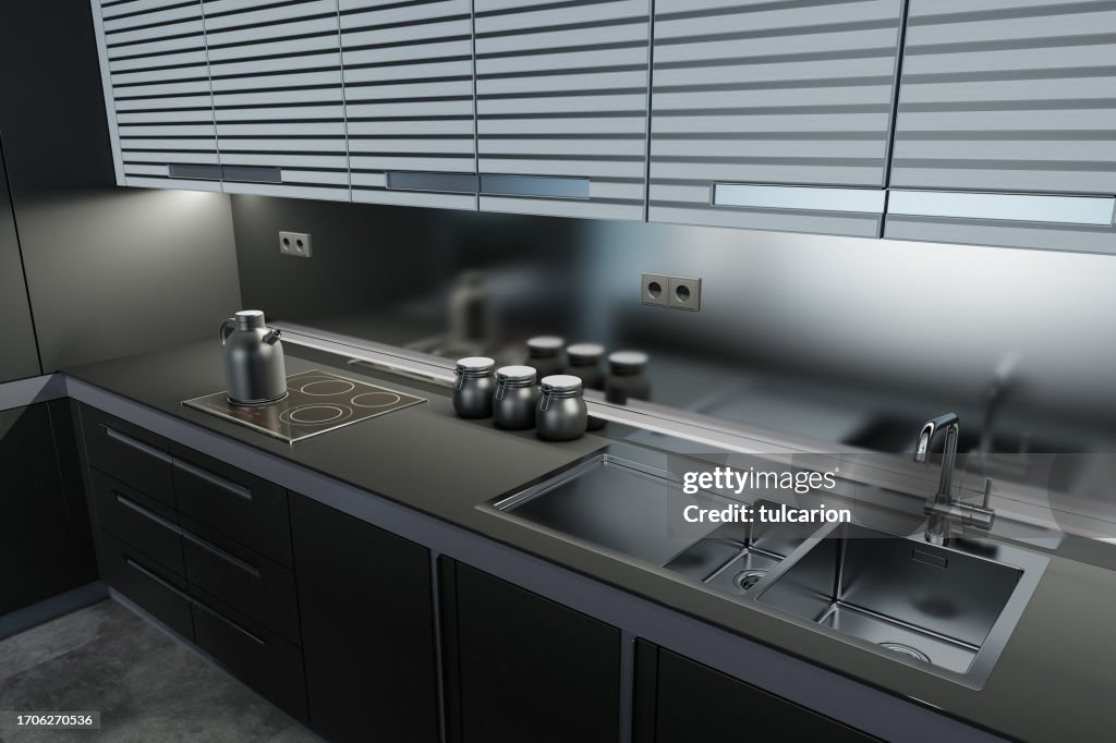 Luxury Black Modern minimalist kitchen on two walls. Dark materials.