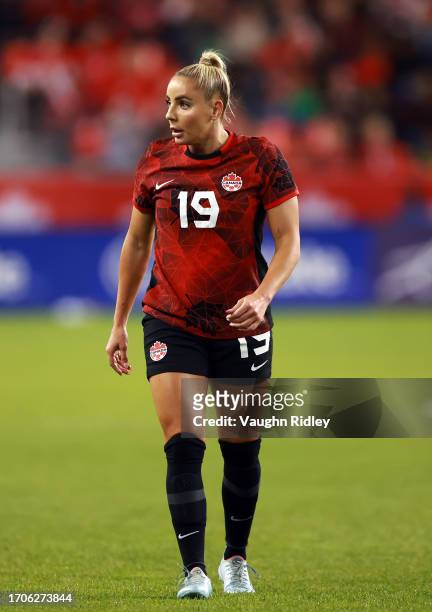 Adriana Leon of Canada looks on during a Paris 2024 Olympic Games Qualifier match against Jamaica at BMO Field on September 26, 2023 in Toronto,...
