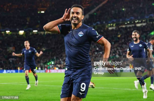 Lazio's Pedro celebrates after making it 2-1 during a UEFA Champions League match between Celtic and Lazio at Celtic Park, on October 04 in Glasgow,...