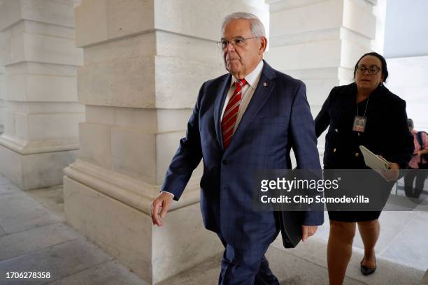 Sen. Bob Menendez arrives at the U.S. Capitol ahead of a Democratic caucus meeting on September 28, 2023 in Washington, DC. Menendez has requested...