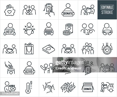 Donating, Giving And Charity Work Thin Line Icons - Editable Stroke Donating, Giving And Charity Work Thin Line Icons - Editable Stroke