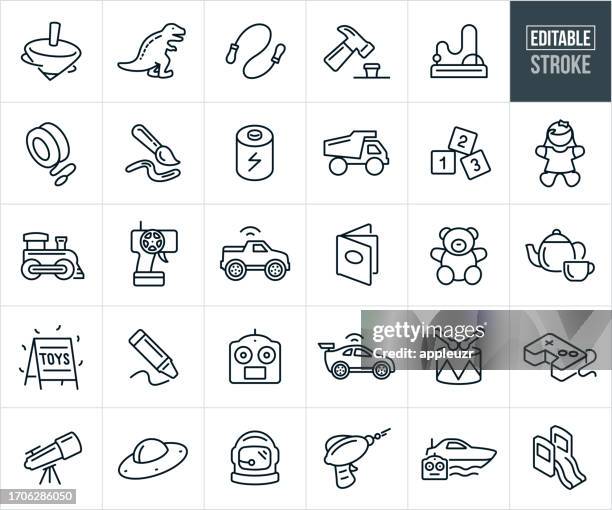 illustrazioni stock, clip art, cartoni animati e icone di tendenza di icone della linea sottile dei giocattoli per bambini - tratto modificabile - trottola