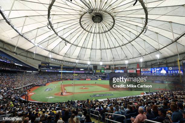 General view of the field during Game 2 of the Wild Card Series between the Texas Rangers and the Tampa Bay Rays at Tropicana Field on Wednesday,...