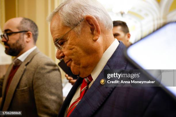 Sen. Bob Menendez walks to a luncheon for Senate Democrats in the U.S. Capitol Building on September 28, 2023 in Washington, DC. Menendez will...