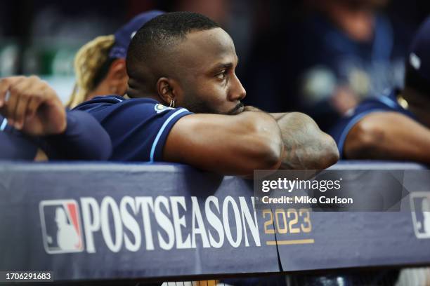 Randy Arozarena of the Tampa Bay Rays looks on during Game 2 of the Wild Card Series between the Texas Rangers and the Tampa Bay Rays at Tropicana...