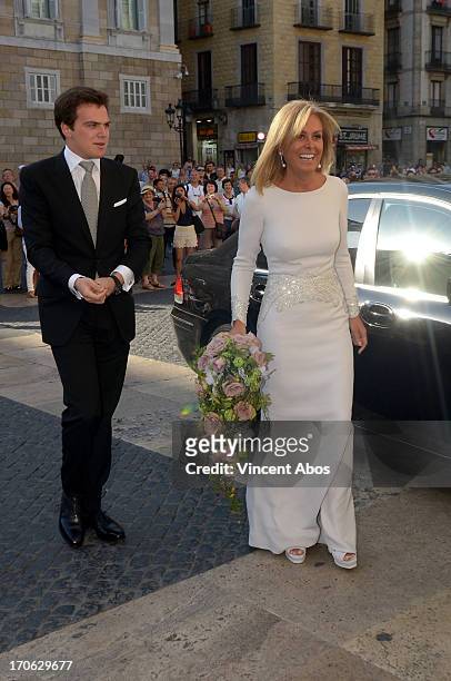 Rosa Clara and son Dani Clara arrive to Barcelona City Hall for her wedding to Josep Artigas on June 15, 2013 in Barcelona, Spain.