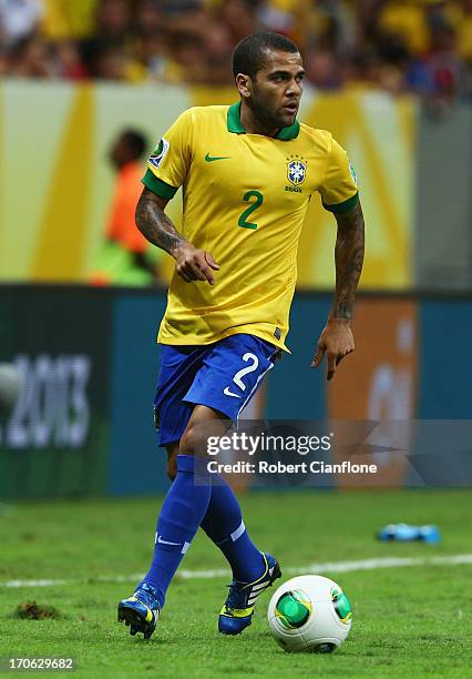 Daniel Alves of Brazil in action during the FIFA Confederations Cup Brazil 2013 Group A match between Brazil and Japan at National Stadium on June...