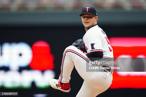 Sonny Gray of the Minnesota Twins pitches during Game 2 of the Wild Card Series between the Toronto Blue Jays and the Minnesota Twins at Target Field...