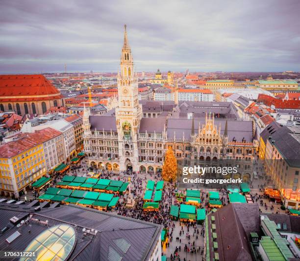 christmas markets in marienplatz, munich - munich drone stock pictures, royalty-free photos & images