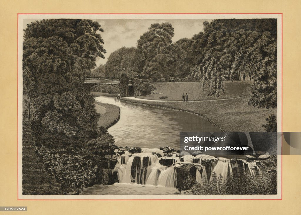 River Wye at The Pavilion Gardens in Buxton, Derbyshire, England - 19th Century