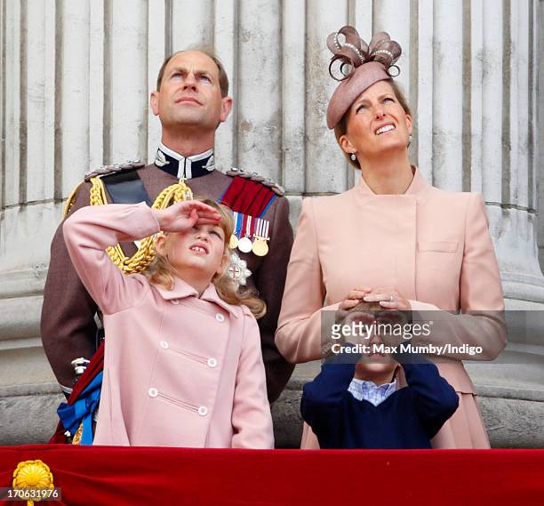 Prince Edward, Earl of Wessex, Sophie, Countess of Wessex, Lady Louise Windsor and James, Viscount Severn stand on the balcony of Buckingham Palace...