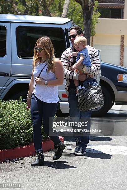 Hilary Duff with husband Mike Comrie and son Luca Cruz Comrie as seen on June 15, 2013 in Los Angeles, California.