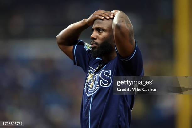 Randy Arozarena of the Tampa Bay Rays reacts during Game 2 of the Wild Card Series between the Texas Rangers and the Tampa Bay Rays at Tropicana...