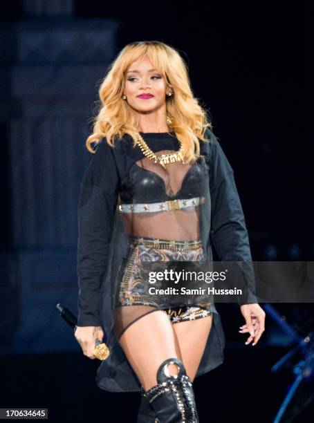 Rihanna performs live on stage at Twickenham Stadium on June 15, 2013 in London, England.
