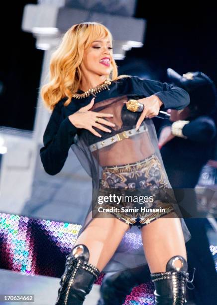 Rihanna performs live on stage at Twickenham Stadium on June 15, 2013 in London, England.