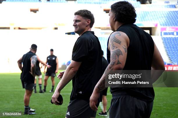 Jordie Barrett and Tamaiti Williams of the All Blacks run through drills during the All Blacks captain's run ahead of their Rugby World Cup France...