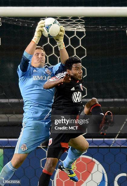 Toronto FC goalkeeper Joe Bendik pulls down a D.C. United crossing pass over D.C. United forward Lionard Pajoy in the second half at RFK Stadium in...