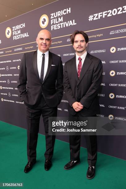 Swiss President Alain Berset and film director Kristoffer Borgli attend the Green Carpet Opening Night and premiere of "Dream Scenario" during the...