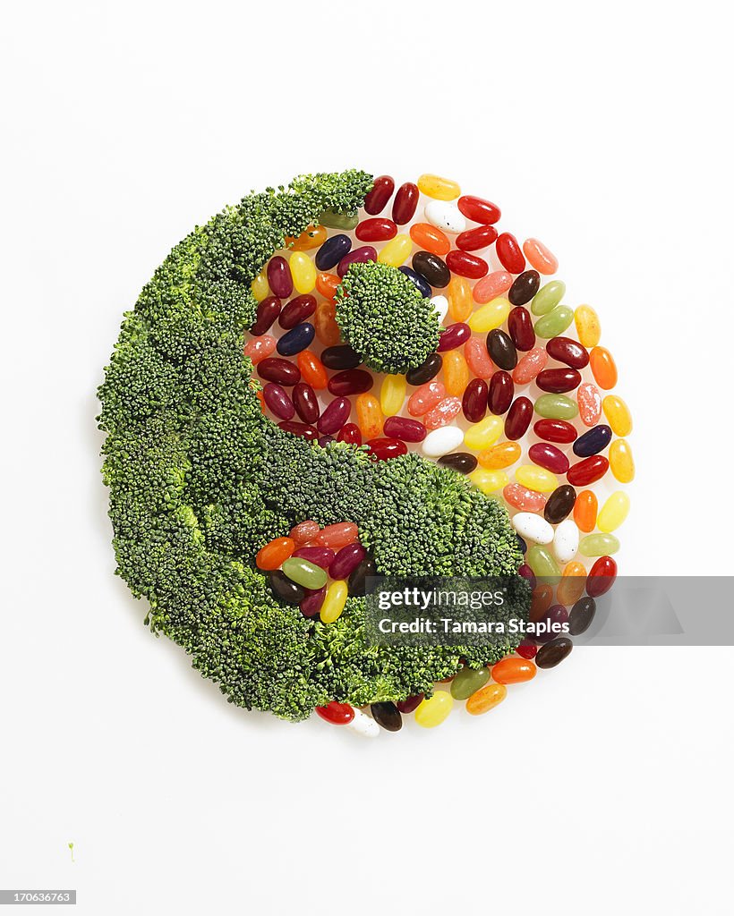 Broccoli and Jelly Beans in the shape of Yin/Yang