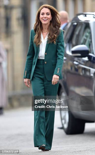Catherine, Princess of Wales arrives for a visit to visit AW Hainsworth on September 26, 2023 in Leeds, England. The Princess of Wales is visiting...