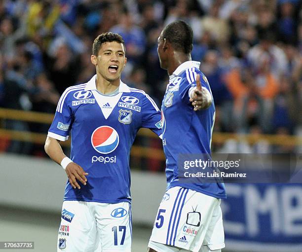 The players of Millonarios celebrate a scored goal during the match between Millonarios and Once Caldas as part of Postobon Leguaje 2013 at Nemesio...