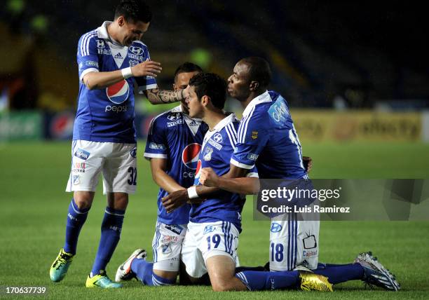 Pedro Franco of Millonarios celebrates a scored goal during the match between Millonarios and Once Caldas as part of Postobon Leguaje 2013 at Nemesio...