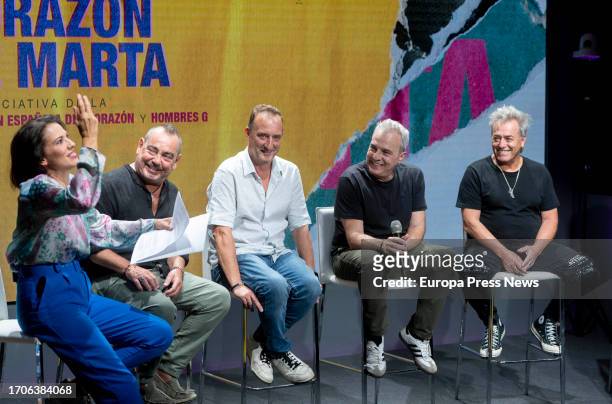 Journalist Silvia Jato, the drummer of the group Hombres G, Javier Molina, the guitarist of the group Hombres G, Daniel Mezquita, the vocalist of the...