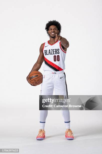 Scoot Henderson of the Portland Trail Blazers poses for a portrait during 2023-24 NBA Media Day on October 2, 2023 at the Moda Center Arena in...