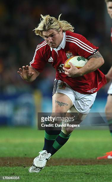 Richard Hibbard of the Lions runs with the ball during the match between the NSW Waratahs and the British & Irish Lions at Allianz Stadium on June...