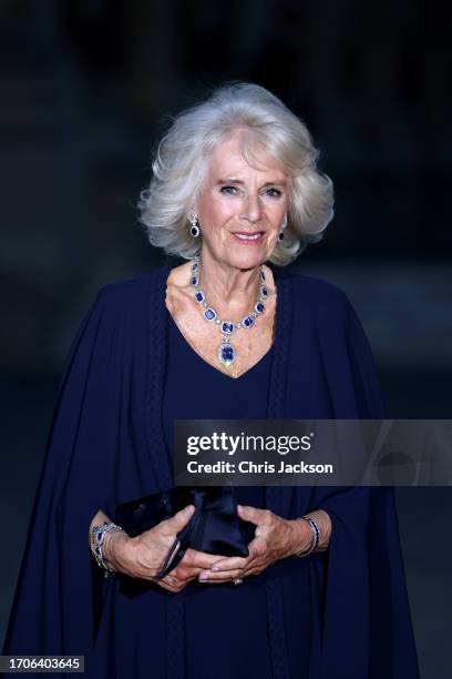 Queen Camilla attends a State Banquet at The Palace of Versailles on September 20, 2023 in Versailles, France. The King and Queen's first state visit...