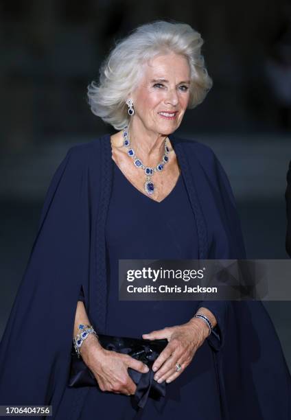 Queen Camilla attends a State Banquet at The Palace of Versailles on September 20, 2023 in Versailles, France. The King and Queen's first state visit...