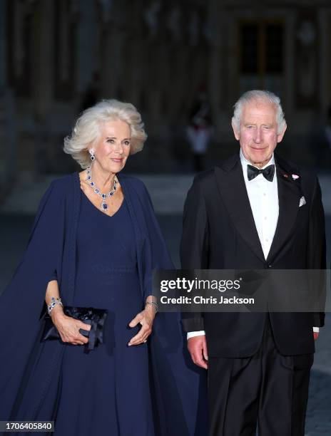 King Charles III and Queen Camilla attend a State Banquet at The Palace of Versailles on September 20, 2023 in Versailles, France. The King and...