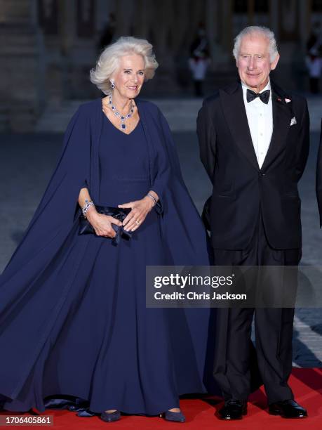 King Charles III and Queen Camilla attend a State Banquet at The Palace of Versailles on September 20, 2023 in Versailles, France. The King and...